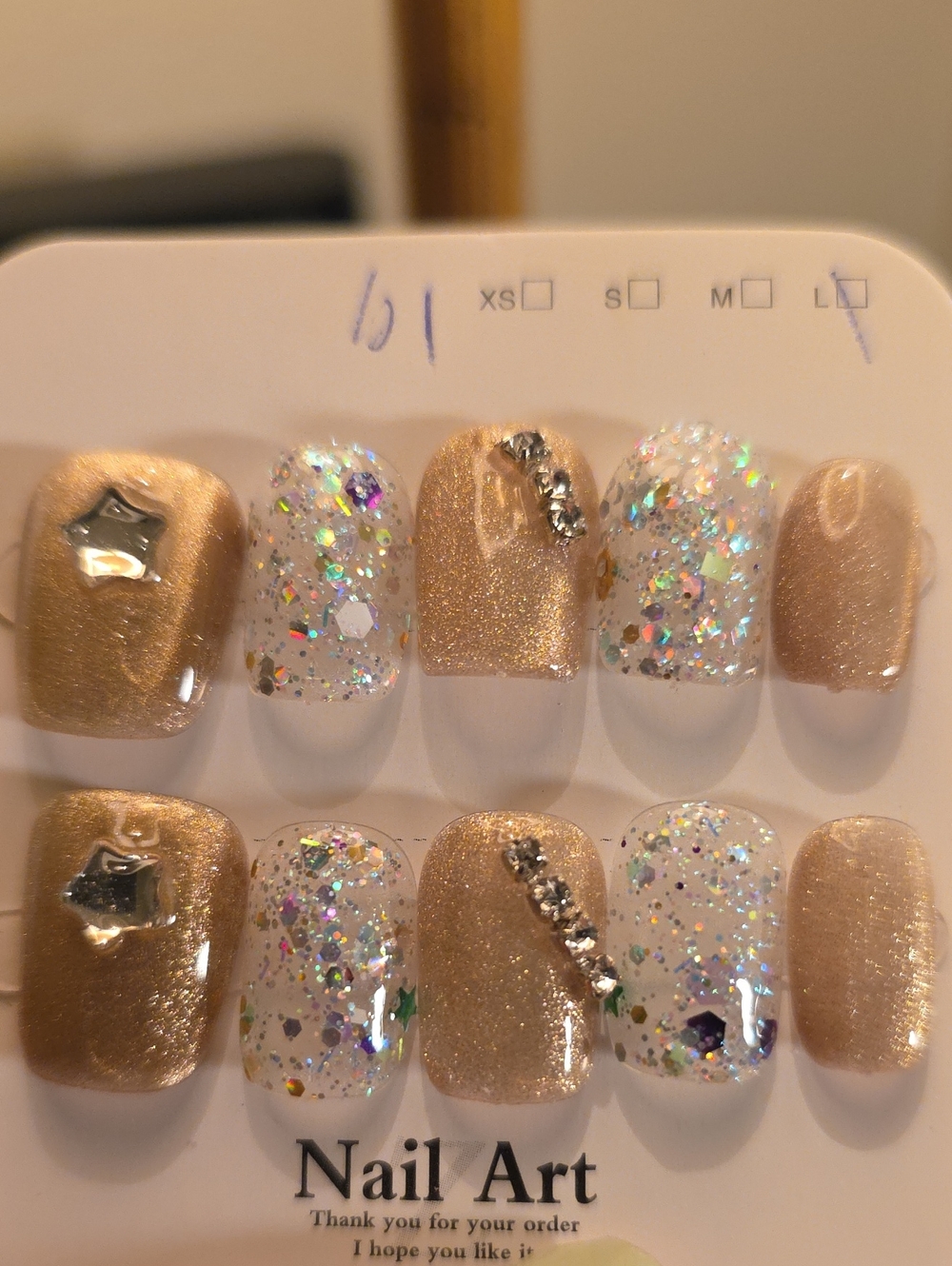 Gold Glitter Press-On Nail Set with Holographic Accents - Size Large